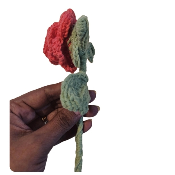 Hand Crafted Soft Red Crochet Rose Faux Floral Shelf Decor Hand Knit Crochet Art - Picture 7 of 17